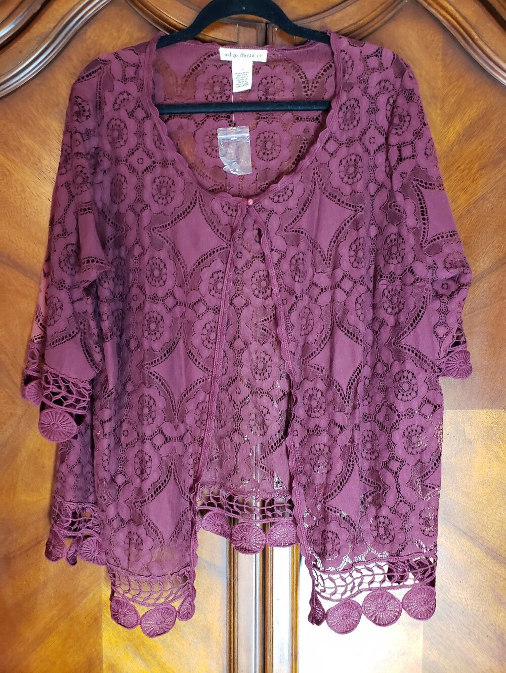 Indigo Thread Crochet Lace Single Button Cardigan In Maroon